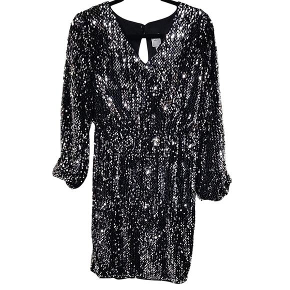 Dresses & Skirts - ICHI Wilde Black Silver Sequin Long Sleeve Dress V Neck Open Back Medium NEW